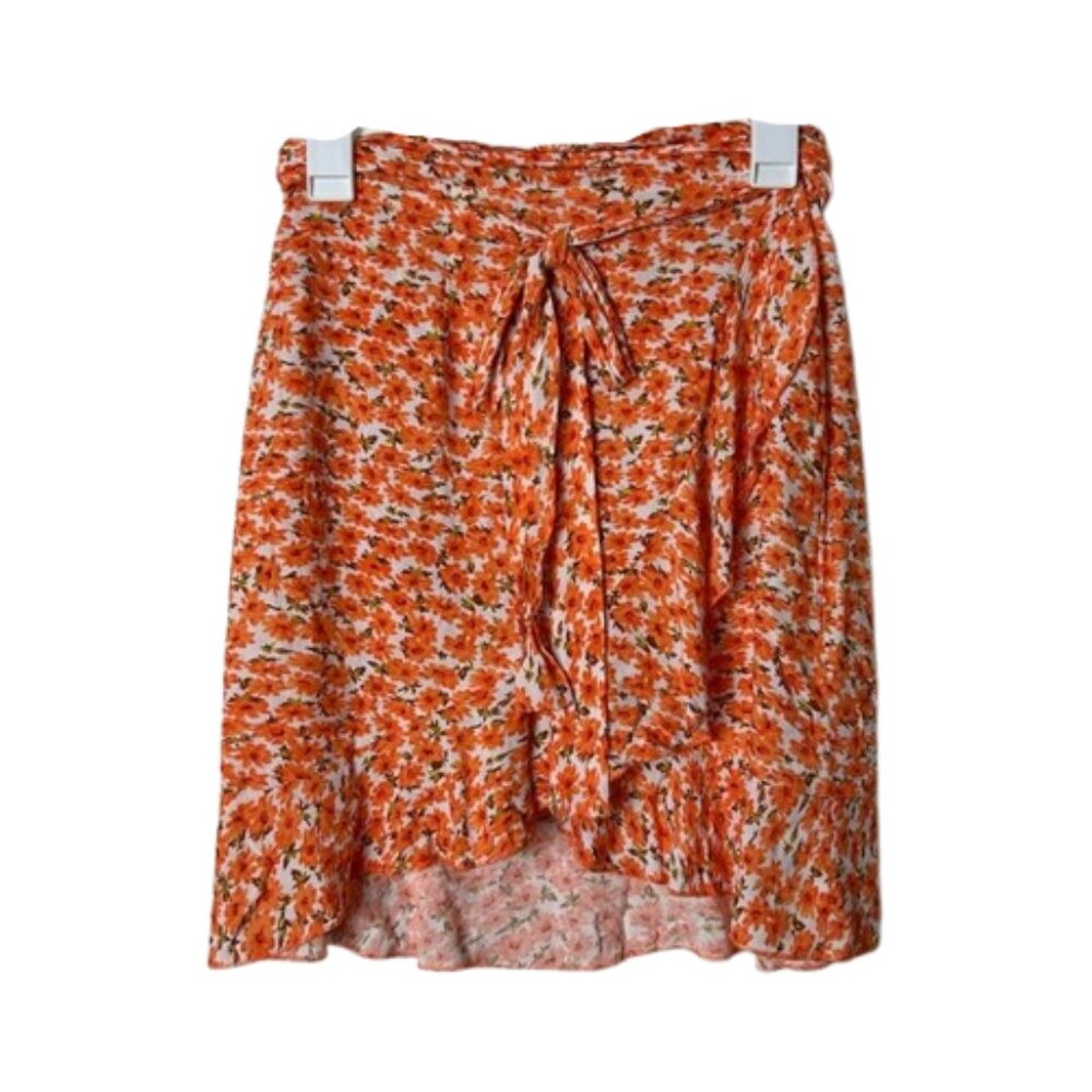 American dreams orange floral wrap tie waist mini skirt womens L
